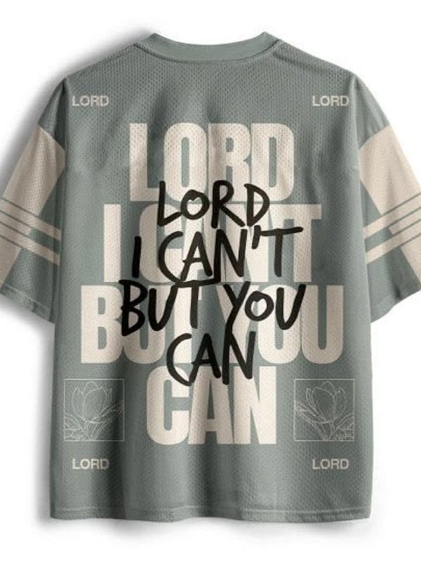 Sage jersey tee with striped sleeves and a large 'Lord I can't, but You can' script print