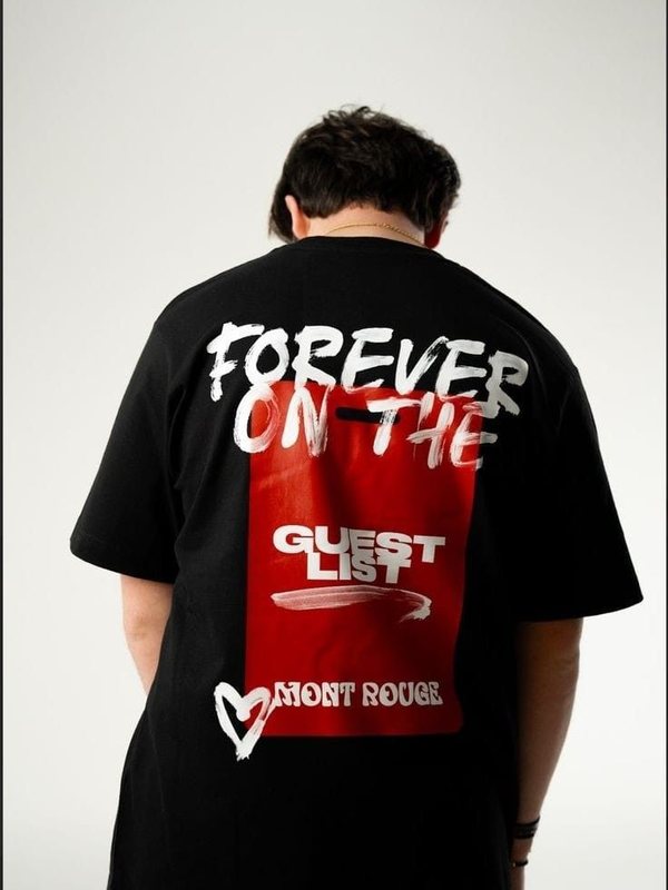 Black tee with a 'Forever on the guest list' print and a red panel