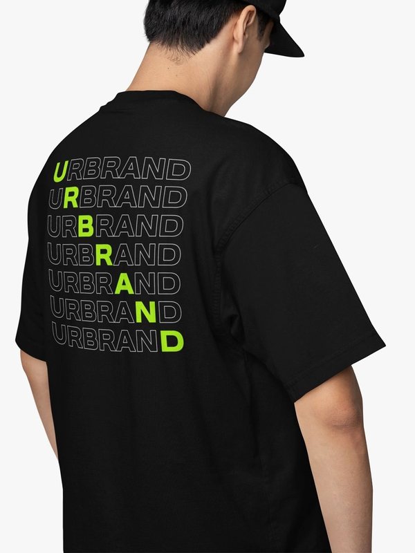 Black tee with a repeated outline 'Urbrand' wordmark and lime highlighted letters