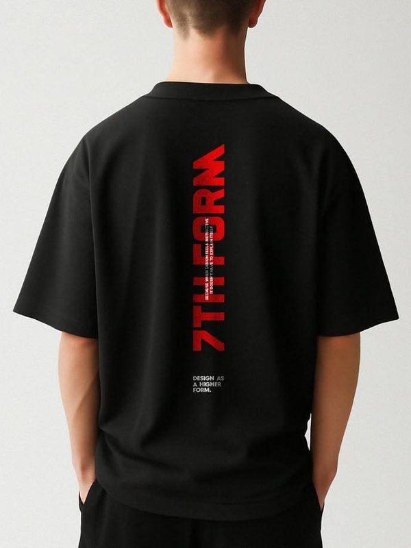Black tee with a vertical red '7th Form' print down the back